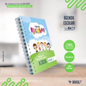 AGENDA INFANTIL Escolar Capa em Couchê 300g e Miolo Padrão em Sulfite 75g 14x20cm 4x0 impressão colorida frente  Wire-o Branco 