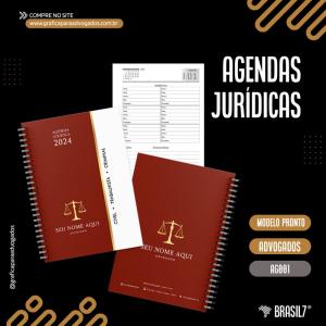 AGENDA JURÍDICA Miolo Padrão Capa Dura Personalizada com sua logo ou arte. A5 15x21cm. Capa Colorida - Miolo Preto e Branco. Capa com Laminação Fosca. Wire-o Branco. 450 páginas.