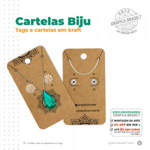 Cartela de Bijuteria Colar e Brinco em Kraft Kraft 300g 9x5cm 4x4  Impressão colorida frente e verso Verniz total frente 1 Furo de 5mm + 4 Furos de 1mm + Cortes 