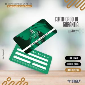 CERTIFICADO DE GARANTIA Fosco Papel Couchê 300g. 8,8x4,8cm. 4x4 Impressão Frente e Verso. Laminação Fosca Frente e Verso. 4 Cantos Arredondados. 