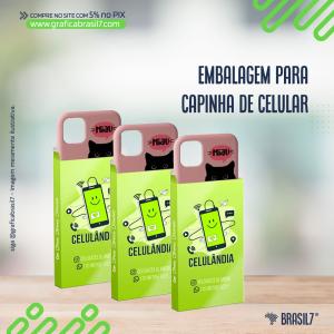 EMBALAGEM para capa de celular Papel Couchê brilho 250g. 9x16,7cm LXA Impressão Colorida por fora Verniz Total Brilho Frente. Faca Padrão 