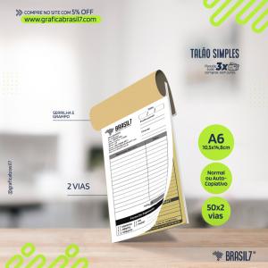 Talão com 2 Vias | A6 10x14cm Sulfite 75g A6 10,5x14,8cm 1x0 Preto e Branco só frente  1ª Via Branca 50 folhas 75g |  2ª via Amarela 50 folhas 53g Serilha e Grampo