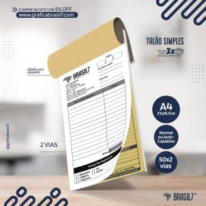 Talão com 2 Vias | A4 21x29,7cm Sulfite 75g A4 21x29,7cm 1x0 Preto e Branco só frente  1ª Via Branca 50 folhas 75g |  2ª via Amarela 50 folhas 53g 