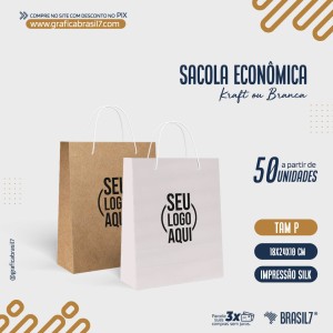 Sacola Econômica em Papel com Silk P 18x24cm Branca Offset 120g ou Natural Kraft 130g P 218x24cm Silk Monocromático Sem Verniz  LINHA ECONÔMICA
