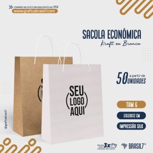 Sacola Econômica em Papel com Silk G 31x39cm Branca Offset 120g ou Natural Kraft 130g G 31x39x12,5cm Silk Monocromático   LINHA ECONÔMICA