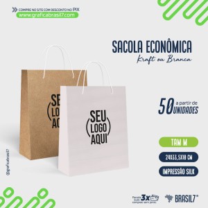 Sacola Econômica em Papel com Silk M 24x33cm Branca Offset 120g ou Natural Kraft 130g M 24x33x10,5cm Silk Monocromático   LINHA ECONÔMICA